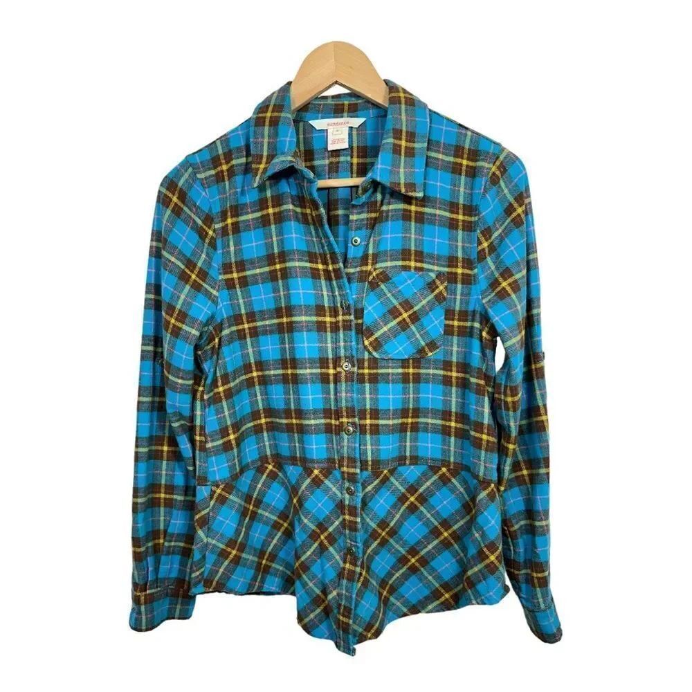 SUNDANCE Women’s Hayden Creek Plaid Flannel Button Down Peplum Top Blue Small